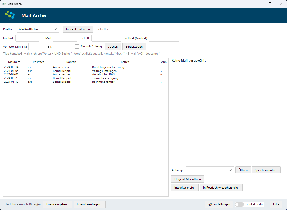 Mail-Archiv Archiv-Browser mit Volltextsuche, Kontakt-/E-Mail-Filtern und Hell/Dunkel-Schalter